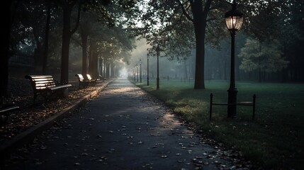 Poster - Pathway through park with benches and street lights during foggy morning scene, trees and grass in a tranquil, atmospheric setting