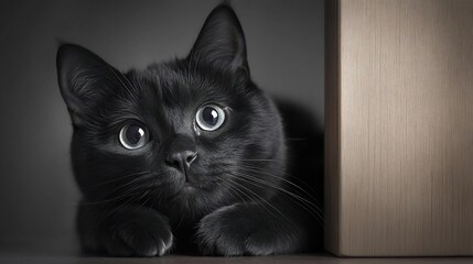 Poster - Close-up of a black cat with large eyes peering out from behind a wooden structure. The cat is in grayscale, focusing on its face and whiskers