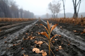 Poster - Low angle view of a field in moody day. Brown leaves and black soil are main visual elements. Trees create a backdrop of the foggy atmosphere