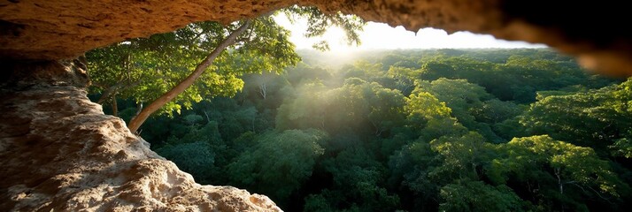 Poster - Sunlight streams through the lush green canopy of trees viewed from a rock formation. Warm light and shadows create a vibrant and inviting scene