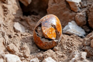 Aufkleber - Close-up of a cracked brown egg embedded in dirt and small rocks in outdoor lighting. The egg's surface shows fissures and imperfections against the rough brown background