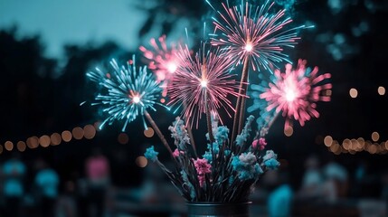 Poster - Fireworks display over a bouquet of flowers with soft focus background and celebratory atmosphere