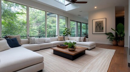 Aufkleber - Spacious living room interior with a large white sectional sofa natural rug and wooden coffee table Lush green trees visible through expansive windows creating a serene ambiance