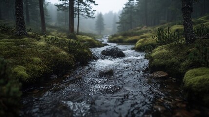 Leinwandbilder - A flowing river winds through a misty forest surrounded by lush green vegetation and tall trees under overcast skies creating a serene atmosphere