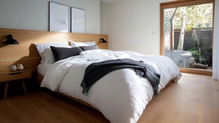 Poster - Bedroom interior with wooden bed frame white bedding and black throw pillow beside wooden nightstand with decorative items and outdoor view through the door