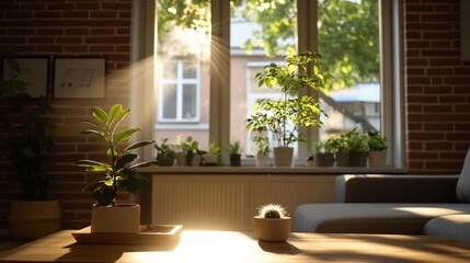 Aufkleber - Sunlit interior with plants on a wooden table against brick wall and a window with outdoor view creating a cozy living space atmosphere