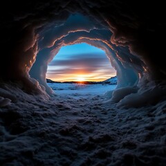 Poster - Dramatic view from inside an ice cave towards a vibrant sunset over a snowy landscape with a blue sky and orange horizon creating a breathtaking arctic scenery