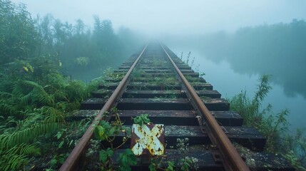 Poster - An old railway track disappears into a misty, atmospheric landscape. Green vegetation and water surround the rails, creating an eerie and tranquil scene