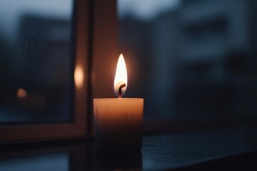 Poster - A lit candle casting a warm glow against a backdrop of a window and a rainy day. The soft light contrasts with the dark tones creating a tranquil atmosphere