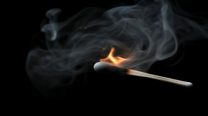 Poster - Burning matchstick with orange flame and wispy smoke against a black background. The wooden matchstick is partially consumed. The image focuses on the detail of the fire and smoke