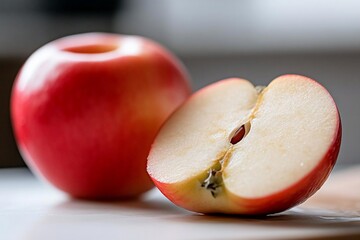 Aufkleber - Close-up shot of a red apple and a half apple with a blurred background showcasing the freshness of the fruit. The image highlights the vibrant colors and textures