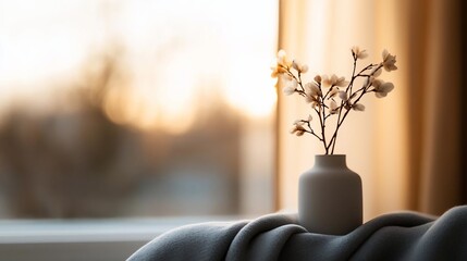 Leinwandbilder - A small white vase holding delicate white flowers sits on a grey blanket near a window bathed in soft golden light. The blurred background shows a warm sunset glow
