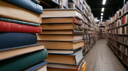 Poster - Stack of old books in foreground with blurred library bookshelves in the background. Focus on vintage book spines and textures. Warm lighting enhances the atmosphere. Rows of books and literary