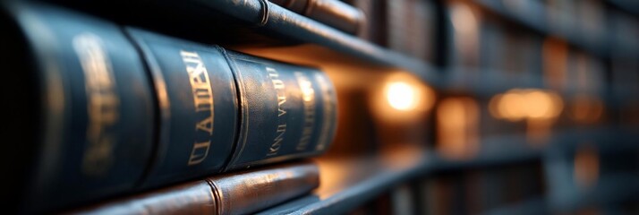 Poster - Close up of library books with golden titles arranged on wooden shelves. Warm ambient lighting creating a moody atmosphere. Focus on the spine of the book with text in the golden color