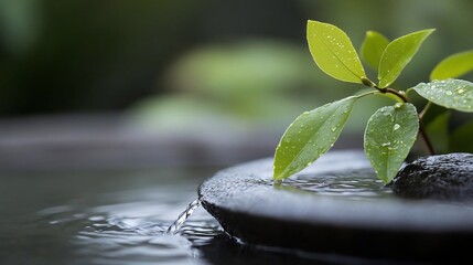 Leinwandbilder - Close-up of fresh green leaves with water droplets perched on a dark grey stone with water flowing into a blurred green background creating a sense of tranquility and harmony