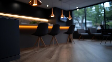 Poster - Interior view of modern waiting area with wooden floors black chairs copper lighting and a blurred backdrop showcasing outdoor greenery. The space is stylish with a focus on design and lighting