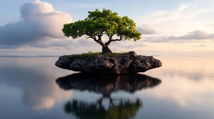 Poster - A lone tree grows atop a small rocky island serene water and sky reflects a warm sunrise or sunset peaceful ambiance with subtle cloud formations creating a tranquil scene