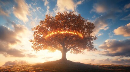 Leinwandbilder - A majestic autumn tree ablaze with vibrant orange foliage stands bathed in golden sunlight against a backdrop of a cloudy blue sky