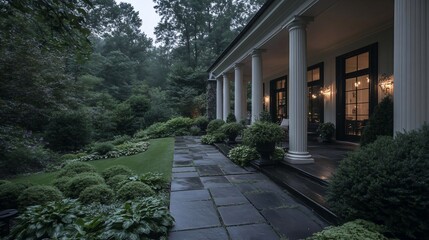 Aufkleber - Exterior view of a house with a stone pathway surrounded by lush greenery and a colonnade. The scene is enveloped in soft light creating a tranquil atmosphere