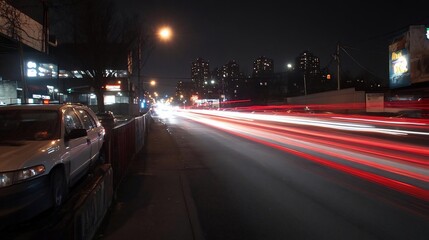 Aufkleber - Nighttime cityscape with blurred streaks of light from vehicle movement illuminating a dark street. Long exposure photography captures light trails along an urban roadway with visible buildings and