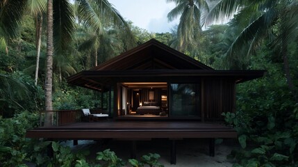 Poster - Lush green tropical forest surrounds a wooden structure with open doors showcasing the interior bedroom scene. Soft light emphasizes nature and creates a serene ambiance