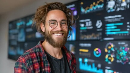 Poster - Data Analyst's Smile: A cheerful data analyst, with a relaxed demeanor and spectacles, stands confidently before a bank of monitors displaying complex data visualizations.