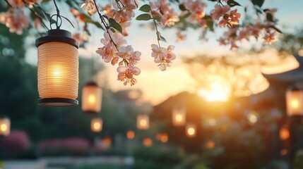 Aufkleber - Warm outdoor scene featuring glowing lanterns amongst blooming cherry blossoms with a soft sunset backdrop creating a serene and inviting atmosphere