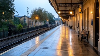 Poster - A wet train station platform reflects warm light under a dim sky. Empty benches and tracks lead to the distance, while trees and buildings line the background. The atmosphere is calm and slightly