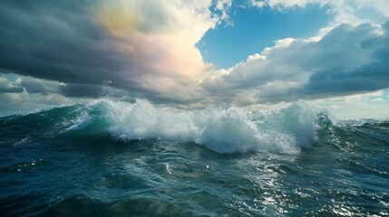 Poster - Ocean wave cresting with a turquoise hue under a dramatic cloudy sky and bright sunlight, shimmering water surface