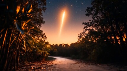Aufkleber - A pathway winds through a lush forest bathed in the warm glow of twilight. A radiant light streaks across the starry sky adding a sense of wonder and mystery to the scene