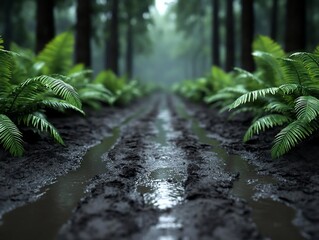 Aufkleber - A muddy forest path leads into a dense woodland surrounded by vibrant green ferns. The scene is shrouded in mist with soft light and wet ground, creating a tranquil atmosphere