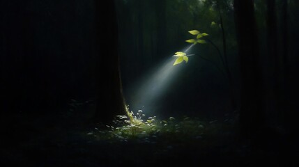 Aufkleber - Mysterious forest scene with sunlight piercing through foliage creating a dramatic effect Dark trees frame the illuminated leaves and forest floor conveying a sense of depth and ethereal beauty