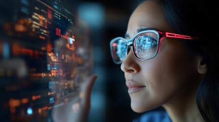 Fototapete - A woman wearing glasses with data reflections gazes intently at a glowing display. The scene is dimly lit enhancing the digital interface and her focused expression