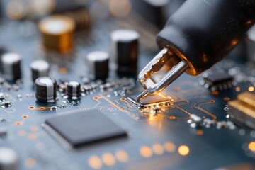Poster - Close-up of circuit board with soldering tool. Focus on electronic components and soldering process highlighting technology and precision