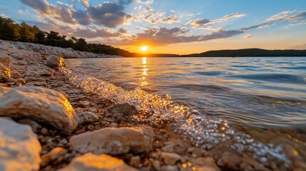 Poster - Dramatic sunset over tranquil lake reflecting golden light with rocky foreground trees silhouettes and cloudscape creating a serene landscape scene