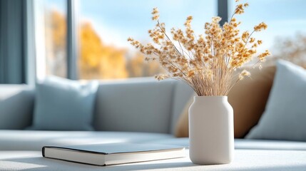 Poster - A vase of dried yellow flowers sits on a white table in front of a sofa with blue pillows and a large window, with a blurry view of trees outside