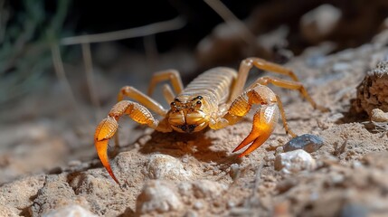Aufkleber - Close-up shot of a scorpion with a golden-yellow exoskeleton standing on rocky terrain at night under dim lighting