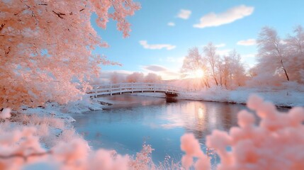 Aufkleber - a tranquil winter landscape features a snow-covered bridge, trees, and a reflective lake bathed in w