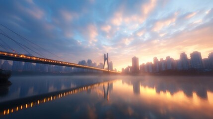 Aufkleber - Dramatic sunrise over a city with a bridge reflecting in calm water. The sky is painted with vibrant colors and buildings silhouettes are visible in the background with the lighting