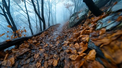 Poster - A damp woodland path perspective with fallen leaves and blurred misty background in shades of brown and blue