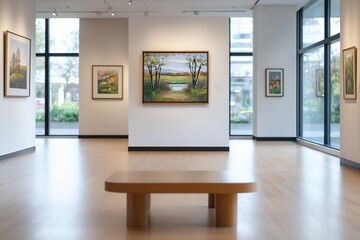 Poster - An art gallery interior showcasing framed paintings and a wooden bench against a neutral white wall. Natural light floods the space from large windows, enhancing the artwork