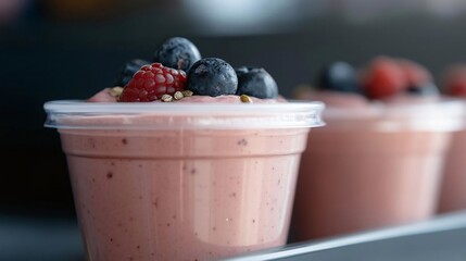 Poster - Close-up of berry smoothies in clear cups with blurred background focus on vibrant pink and blue berries and toppings. Healthy refreshments showcased