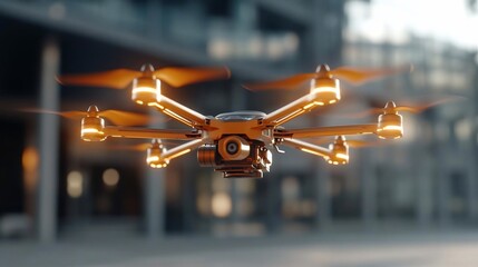 Poster - Close-up view of a drone with glowing lights captured in a blurred urban setting during daytime. The drone is detailed with multiple rotors and a camera facing forward
