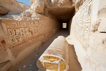Poster - Ancient tomb corridor interior with hieroglyphs on walls and a sarcophagus in the foreground. Beige and brown tones with sunlight illuminating the passage