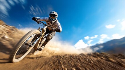 Poster - A person on a bike in motion kicking up dust against a backdrop of blue sky and mountains