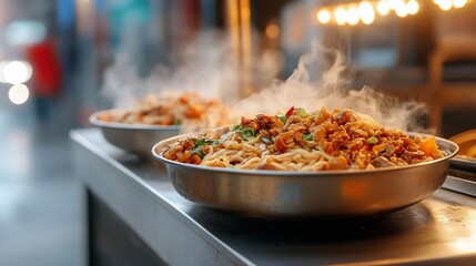 Poster - Close-up of a steaming bowl of noodles topped with savory ingredients. Warm light illuminates the dish creating a sense of comfort and culinary delight. Blurred background suggests a bustling street