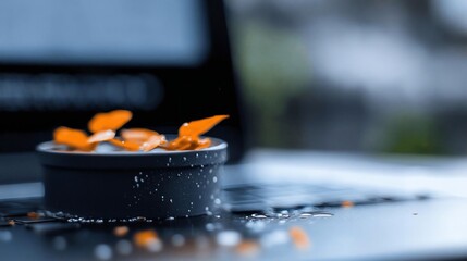 Fototapete - Close-up view of small dark container holding orange petals with a blurred background and drops of water on the laptop surface