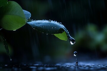 Poster - Close up of green leaves with water droplets during rainfall, focused on water's movement and surface details with shallow depth of field