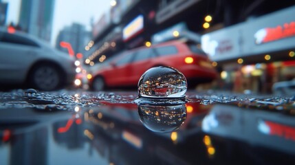 Aufkleber - Close-up view of a water droplet reflecting urban cityscape details including cars building lights and signs illuminated street scene. The image captures reflections on wet ground with selective