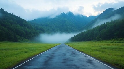 Aufkleber - a wet asphalt road leads through a green valley with dense forest and low-hanging clouds creating an